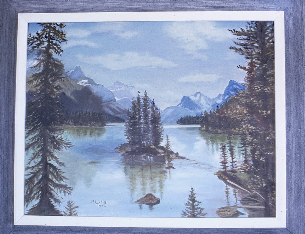 Artist-Ruth-Lamb-Painting-of-Water-Trees-and-Mountains-1976